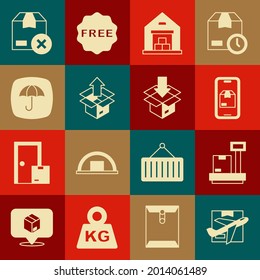 Set Plane and cardboard box, Scale with, Mobile app delivery tracking, Warehouse, Unboxing, Delivery package umbrella, Carton and  icon. Vector