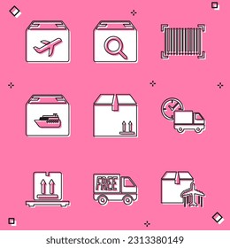 Set Plane and cardboard box, Search package, Barcode, Cargo ship with boxes, Cardboard traffic, Delivery truck clock, on pallet and Free delivery service icon. Vector