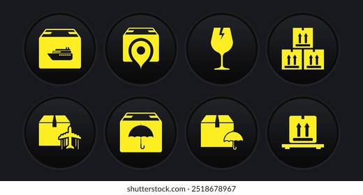 Set Plane and cardboard box, Cardboard with traffic, Delivery package umbrella, Fragile broken glass, Location, boxes pallet and Cargo ship icon. Vector