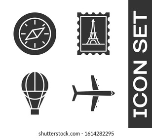 Set Plane, Compass, Hot air balloon and Postal stamp and Eiffel tower icon. Vector