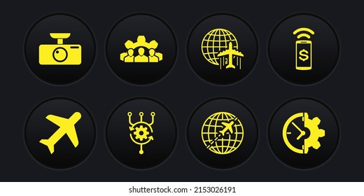 Set Plane, Contactless payment, Algorithm, Globe with flying plane,  and Project team base icon. Vector