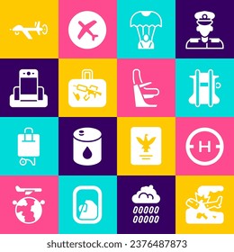 Set Plane crash, Helicopter landing pad, Parachute, Suitcase, Metal detector airport, UAV Drone and Airplane seat icon. Vector