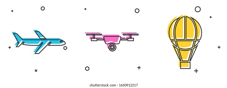 Set Plane, Drone flying with action video camera and Hot air balloon icon. Vector