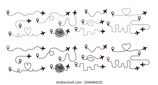 Set of plane with dush path, jorney flight, curve line and gps pin