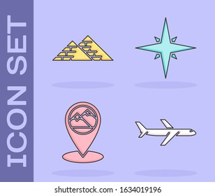 Set Plane, Egypt pyramids, Map pointer with mountain and Wind rose icon. Vector