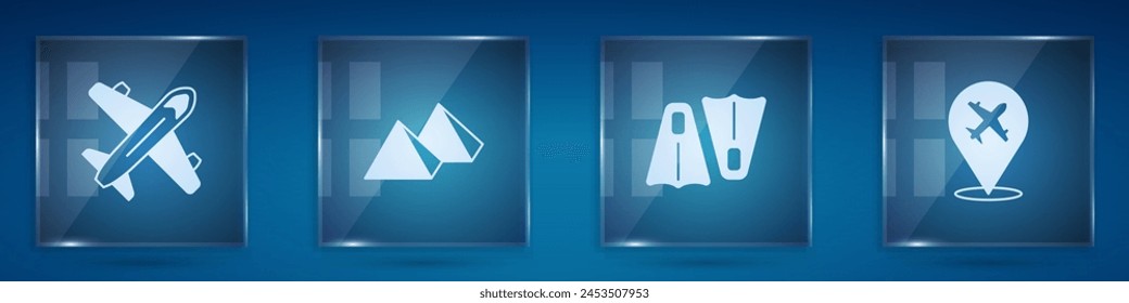 Set Plane, Egypt pyramids, Rubber flippers for swimming and . Square glass panels. Vector