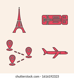 Set Plane, Eiffel tower, Airline ticket and Route location icon. Vector