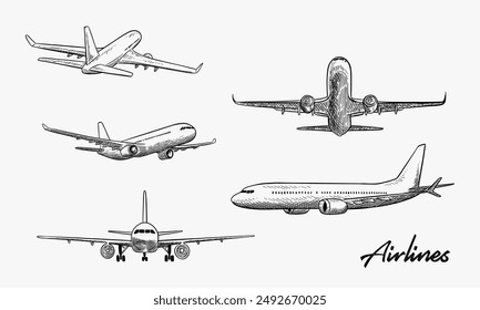 Set von Plane Fliegen in Himmelswolken, Vektorgrafik Skizze Illustration. Flugreisen, Tourismusflüge, Flugtickets buchen Handgezeichnete Design-Elemente