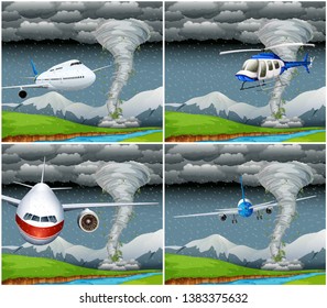 Conjunto de aviones volando en la ilustración del mal tiempo