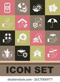 Set Plane in hand, Hand holding briefcase, Umbrella, Car accident, House with shield, Contract, Insurance online and  icon. Vector