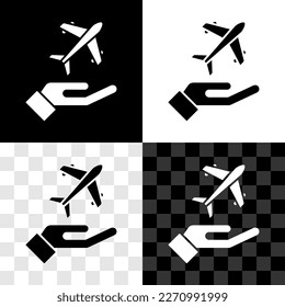 Set Plane in hand icon isolated on black and white, transparent background. Flying airplane. Airliner insurance. Security, safety, protection, protect concept.  Vector