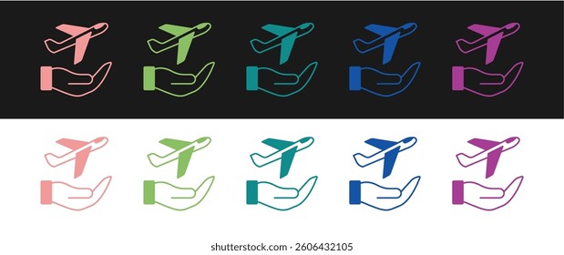 Set Plane in hand icon isolated on black and white background. Flying airplane. Airliner insurance. Security, safety, protection, protect concept.  Vector