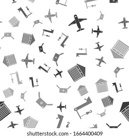Set Plane , Harbor port crane, Closed warehouse  and Cardboard box with traffic symbol  on seamless pattern. Vector