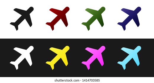 Set Plane icon isolated on black and white background. Flying airplane icon. Airliner sign. Vector Illustration