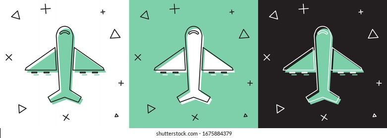 Set Plane icon isolated on white and green, black background. Flying airplane icon. Airliner sign.  Vector Illustration