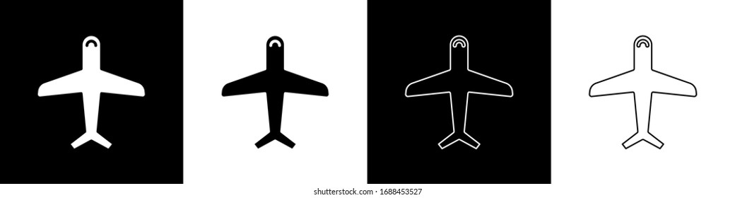 Set Plane icon isolated on black and white background. Flying airplane icon. Airliner sign.  Vector Illustration
