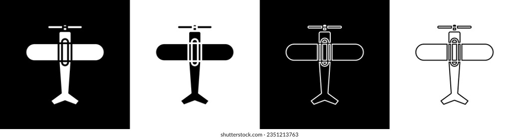Set Plane icon isolated on black and white background. Flying airplane icon. Airliner sign.  Vector Illustration