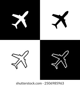 Conjunto de icono plano aislado en fondo blanco y negro. Icono de avión volador. Señal de avión. Ilustración vectorial.