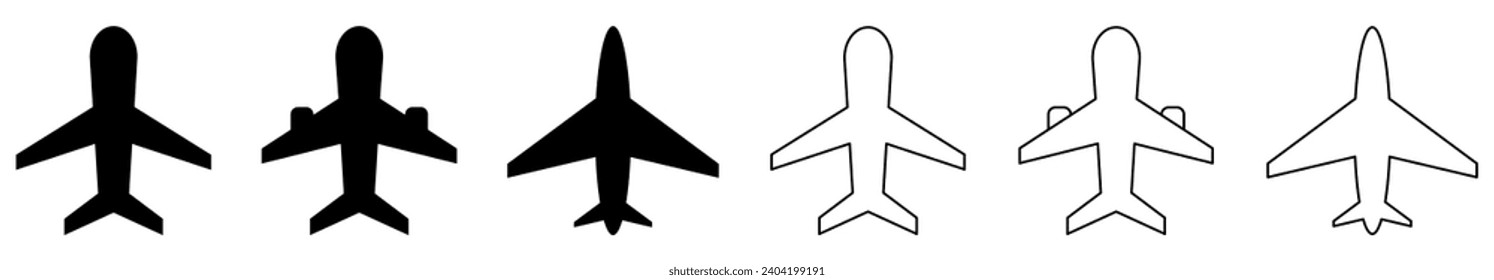Conjunto de iconos de plano. Iconos del avión. Símbolo de transporte de vuelo. Ilustración del vector aislada en fondo blanco
