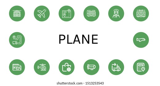 Set of plane icons such as Cable car, Plane, Itinerary, Touristic, Pilot, Tram, Train, Helicopter, Worldwide shipping, Zeppelin, Sending, Logistics, Airplane , plane