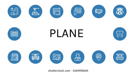 Set of plane icons such as Itinerary, Automobile, Travel, Zeppelin, Fly, Medical appointment, Tram, Pilot, Airport, Bus, Touristic , plane