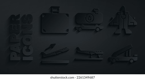 Set Plane, Jet fighter, takeoff, Passenger ladder, Fuel tanker truck and Suitcase icon. Vector