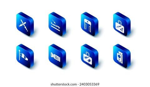 Set Plane landing, Metal detector airport, Suitcase, Passport with ticket, Airline, Cone meteorology windsock and Marshalling wands icon. Vector