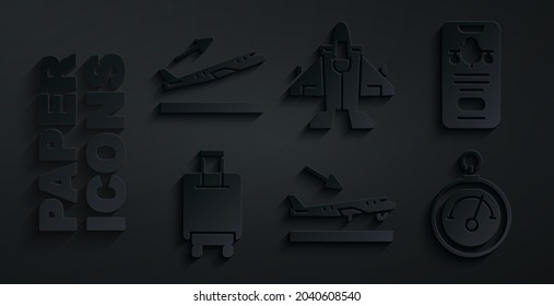 Set Plane landing, Mobile with ticket, Suitcase, Barometer, Jet fighter and takeoff icon. Vector