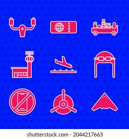 Set Plane landing, propeller, Jet fighter, Aviator hat with goggles, No cell phone, Airport control tower, luggage towing truck and Aircraft steering helm icon. Vector