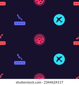 Set Plane, landing, Radar with targets on monitor and takeoff on seamless pattern. Vector