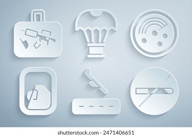 Establecer el aterrizaje del avión, radar con objetivos en el monitor, ventana del avión, no fumar, paracaídas volador de caja e icono de maleta. Vector