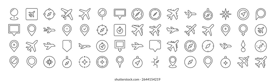 Conjunto de Plano, Pino de Mapa, Ícones de Linha Relacionados à Bússola. Outline Signs para Gráficos e Web Design, Apps, Anúncios, Vários Cartões 