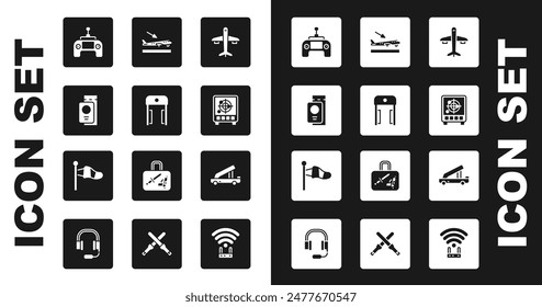 Set Plane, Metal detector in airport, Passport with ticket, Drone remote control, Radar targets monitor, landing, Passenger ladder and Cone meteorology windsock icon. Vector