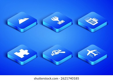 Set Plane, Mountains, Magnifying glass for search people, Piece of puzzle, Lead management and POS terminal icon. Vector