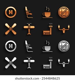 Set Plane, No cell phone, Aircraft steering helm, Airport control tower, propeller, Coffee cup, Helicopter landing pad and Airplane seat icon. Vector