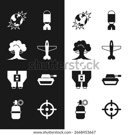 Set Plane, Nuclear explosion, Bomb explosive planet earth, Rocket launcher, Binoculars, Military tank, Target sport and Hand grenade icon. Vector