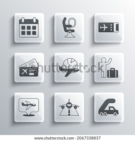Set Plane, Passenger ladder for plane boarding, Tourist with suitcase, Globe flying, Airline ticket, Calendar and airplane and  icon. Vector