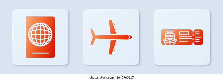 Set Plane, Passport with biometric data and Cruise ticket for traveling by ship. White square button. Vector
