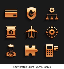 Set Plane, Piece of puzzle, Pos terminal, Outsourcing concept, Scientist and test tube and Barrel oil icon. Vector