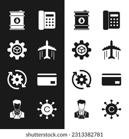 Set Plane, Product development, Barrel oil, Telephone, Gear and arrows as workflow and Credit card icon. Vector