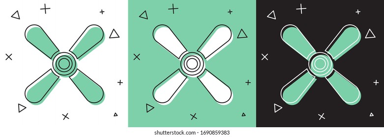 Set Pflaumenpropeller Symbol einzeln auf weißem und grünem, schwarzem Hintergrund. Vintage-Flugzeugpropeller. Vektorillustration-Illustration