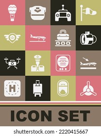 Set Plane propeller, landing, Jet engine turbine, Drone remote control, Aviation emblem, Hot air balloon and Conveyor belt with suitcase icon. Vector