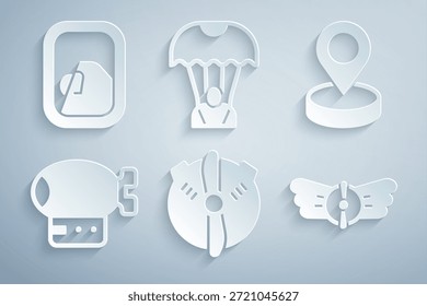 Conjunto de hélice de avión, Locación, dirigible, emblema de aviación, paracaídas e icono de ventana de avión. Vector