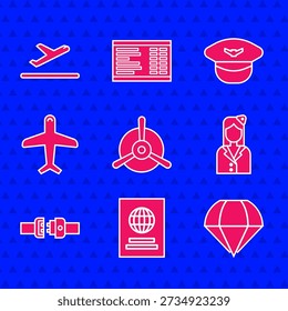 Set Plane propeller, Passport, Parachute, Stewardess, Safety belt, Pilot hat and takeoff icon. Vector