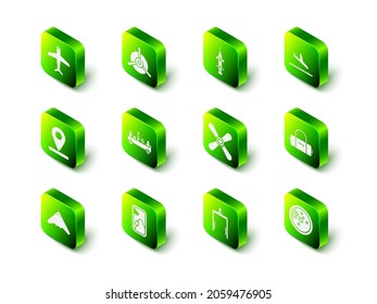 Set Plane propeller, Rocket, landing, Suitcase, Radar with targets on monitor, Metal detector airport and Airplane window icon. Vector