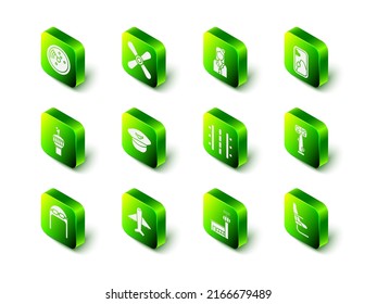 Set Plane propeller, Stewardess, Airplane window, Aircraft steering helm, seat, Airport runway, control tower and  icon. Vector