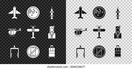 Set Plane, Radar with targets on monitor, Rocket, Metal detector in airport, No cell phone, Suitcase, Helicopter and  icon. Vector