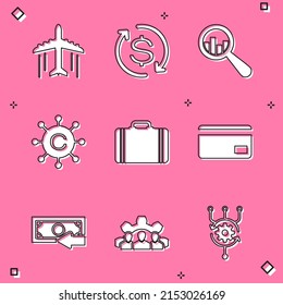 Set Plane, Return of investment, Magnifying glass and analysis, Copywriting network, Suitcase for travel and Credit card icon. Vector