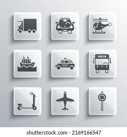 Set Plane, Road traffic signpost, Bus, Taxi car, Scooter, Cruise ship, Delivery cargo truck and Helicopter icon. Vector