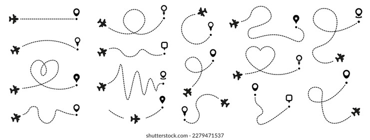 Set of plane route trip destination with map pointer